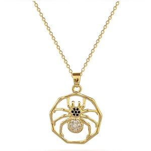 18K Gold Spider In Geometrically Frame Pave Diamond Accents Goth Punk Witchy